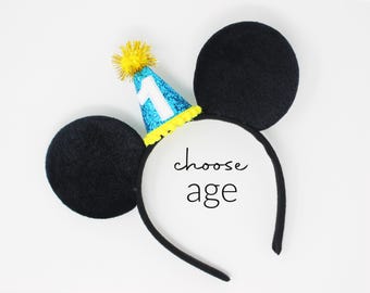 Orejas de ratón de fieltro para cumpleaños con mini sombrero de fiesta verde azulado / Elige la edad