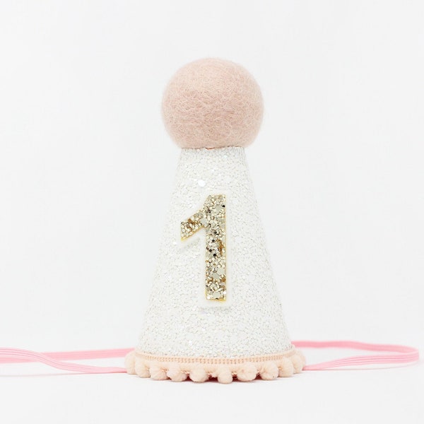 First Birthday Hat | 1st Birthday Hat | 1st Birthday Girl Outfit | First Birthday Outfit Girl | White Glitter Hat + Baby Pink Accents