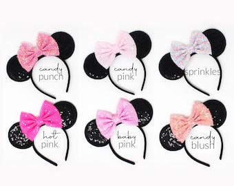 Diadema con orejas de ratón y lentejuelas negras / Elige el color del lazo