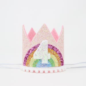 4th Birthday Crown | Pastel Rainbow Birthday Girl Hat | Baby Pink Glitter Crown + Pastel Rainbow + White Glitter Number