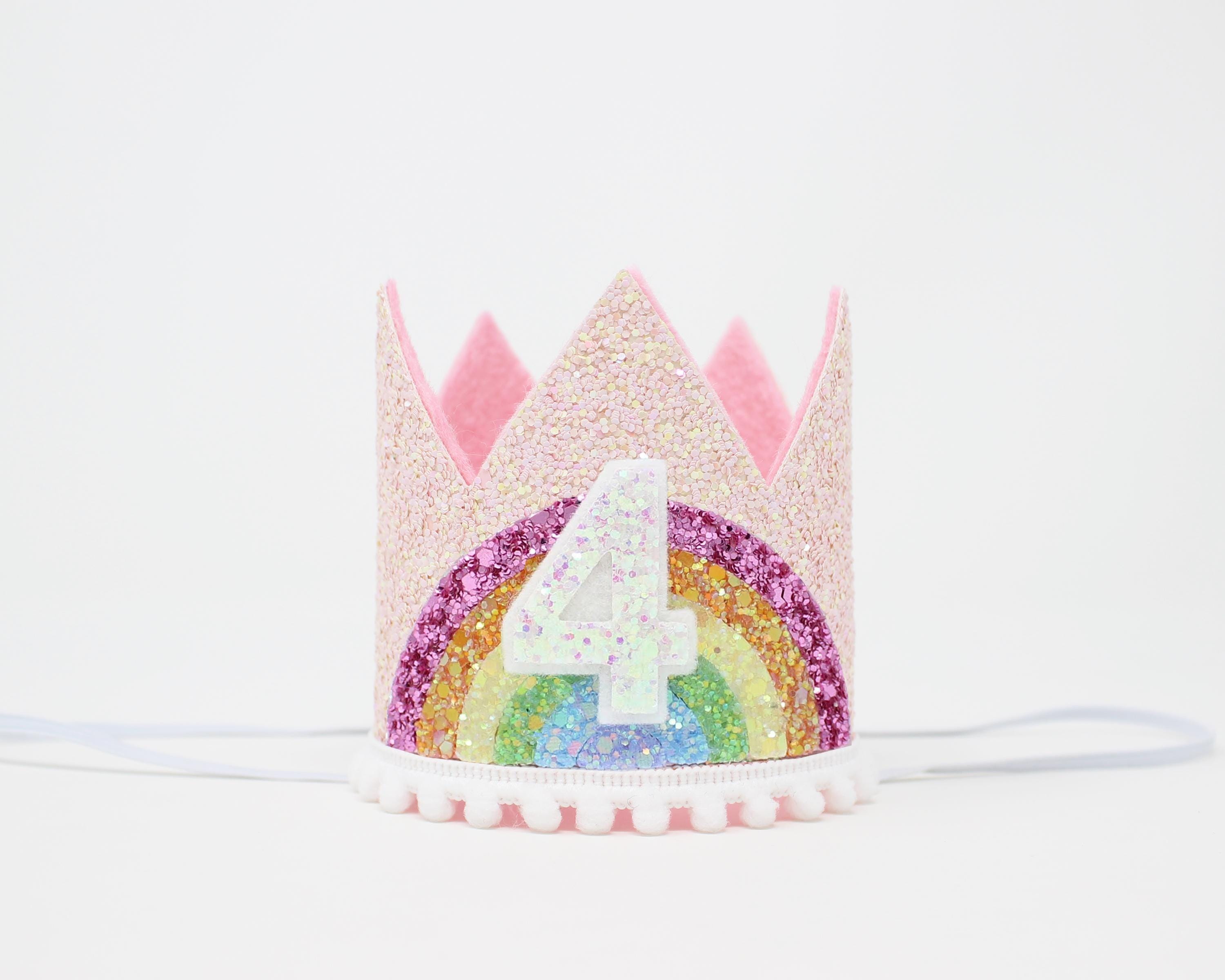 4th Birthday Crown | Pastel Rainbow Birthday Girl Hat | Baby Pink Glitter Crown + Pastel Rainbow + White Glitter Number