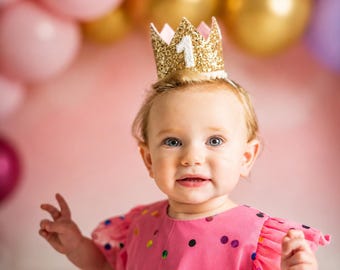 Corona para niña de primer cumpleaños / Corona dorada con purpurina + Elige color + Purpurina blanca 1