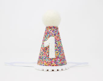 First Birthday Girl Party Hat | Mosaic Glitter Hat + Choose Color + White Glitter Number