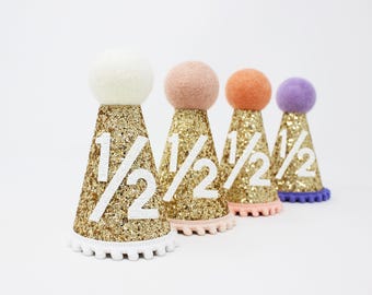 Half Birthday Girl Party Hat | Gold Glitter Hat + Choose Color + White Glitter 1/2
