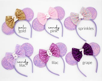 Diadema de orejas de ratón para cumpleaños / Orejas de ratón con lentejuelas color lila caramelo / Cualquier edad. Elige el color del lazo.