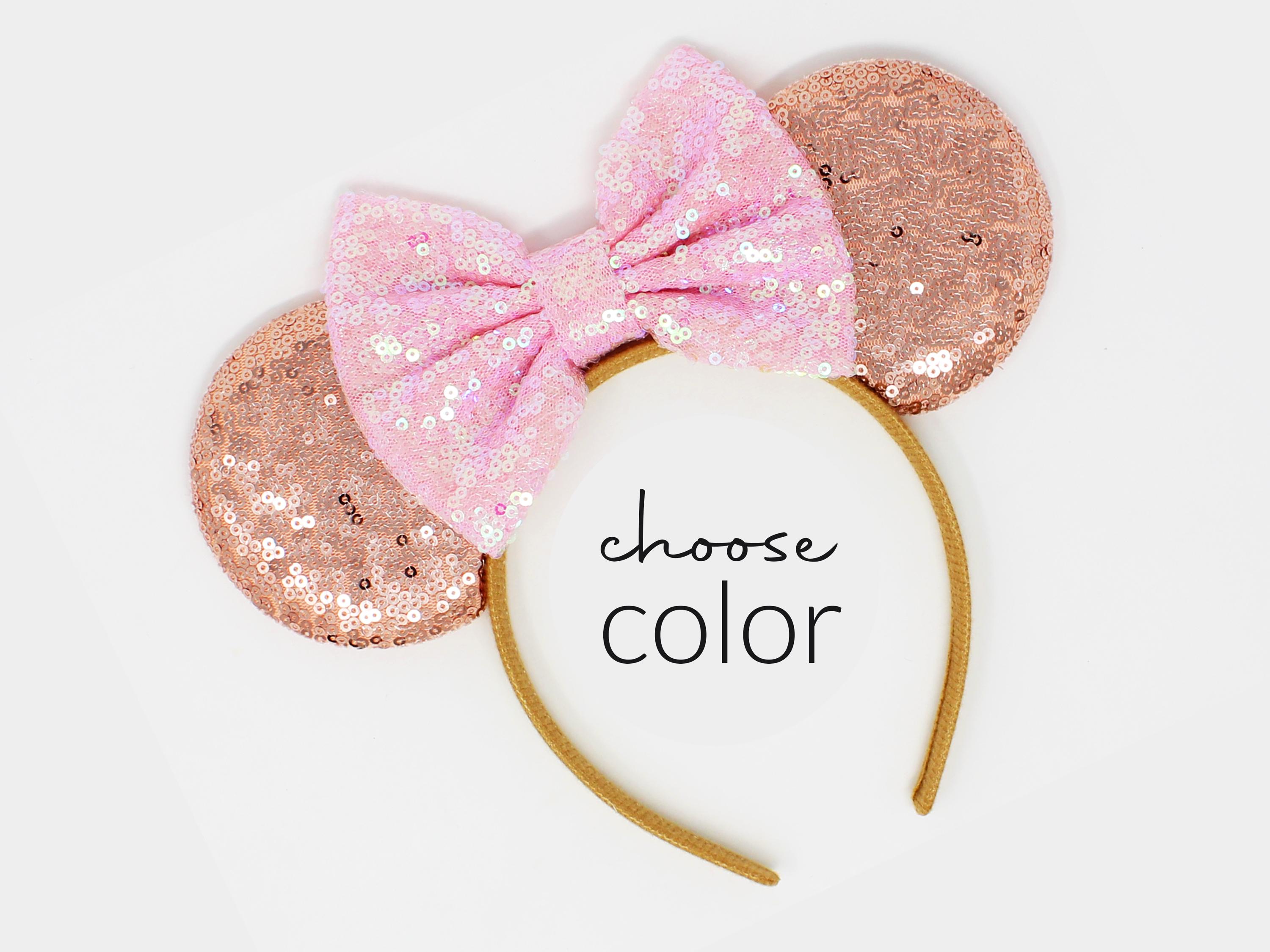 Rose Gold Sequin Mouse Ears Headband | Choose Bow Color - Etsy display picture 3
