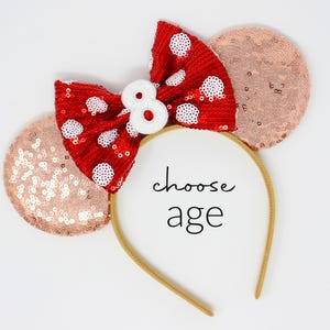 8th Birthday Mouse Ears Headband | Kids Rose Gold Mouse Ears | Any Age + Choose Bow Color