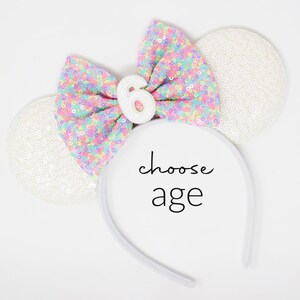 Bandeau oreilles de souris 6e anniversaire | Oreilles de souris couleur bonbon blanches | Choisissez la couleur du nœud à tout âge
