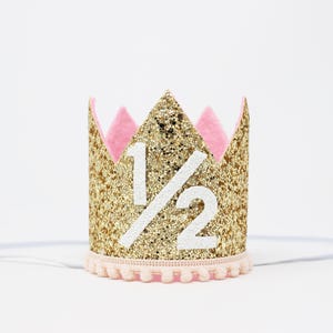 Half Birthday Girl Crown | 1/2 Birthday Crown | Baby Pink Blush Lilac | Gold Glitter Crown + White Glitter 1/2