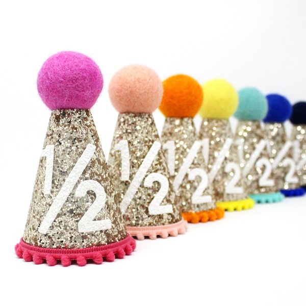 Chapeau 1/2 anniversaire | Demi-chapeau d'anniversaire | Tenue de demi-anniversaire pour fille | Chapeau de fête bébé | Chapeau à paillettes dorées + Choisissez la couleur