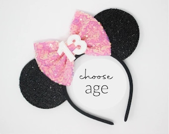 Birthday Mouse Ears Headband | Black Sequin Ears + Choose Bow Color & Age