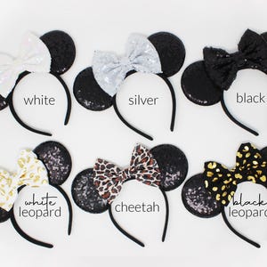 Mouse Ears Headband One Size | Kids and Adult Party Mouse Ears | Black Sequin Mouse Ears | Choose Bow Color