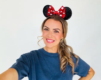 Diadema con orejas de ratón y lentejuelas negras / Elige el color del lazo