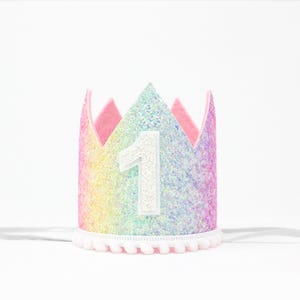 First Birthday Crown | 1st Birthday Crown | 1st Birthday Girl Outfit | First Birthday Girl | Pastel Rainbow Glitter Crown + Baby Pink Accent