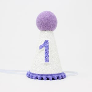 1st Birthday Hat | First Birthday Party Hat | Purple Birthday Girl Cake Smash | White Glitter Hat + Lilac Trim and Top + Lilac Glitter 1