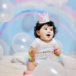 Half Birthday Crown 1/2 Birthday Crown Half Birthday Girl Outfit Baby Birthday Crown Pastel Rainbow Glitter Crown Baby Pink Accent image 8