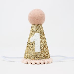 May include: Gold glitter party hat with a pink pom-pom trim and a white felt number "1" on the front. The hat has an elastic band for a secure fit.