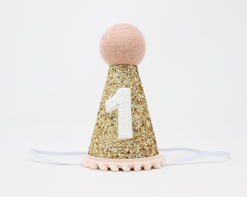 May include: Gold glitter party hat with a pink pom-pom trim and a white felt number "1" on the front. The hat has an elastic band for a secure fit.