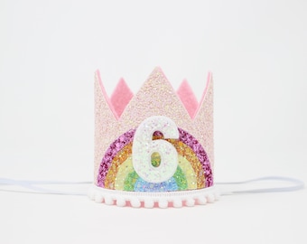 6th Birthday Crown | Pastel Rainbow Birthday Girl Hat | Baby Pink Glitter Crown + Pastel Rainbow + White Glitter Number