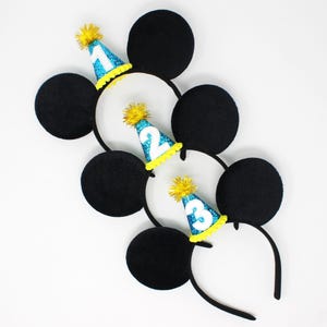 Oreilles de souris en feutre d'anniversaire avec mini chapeau de fête bleu sarcelle | Choisissez l'âge