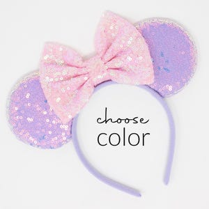 Candy Lilac Mouse Ears Headband One Size | Kids and Adult Party Mouse Ears | Purple Sequin Mouse Ears | Choose Bow Color