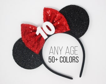 10th Birthday Mouse Ears Headband | 10th Birthday Mouse Ears | Red Mouse Ears | Red Sequin Birthday Ears | Choose Age + Color
