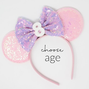 8th Birthday Mouse Ears Headband | Candy Pink Candy Color Mouse Ears | Any Age Choose Bow Color