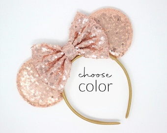Rose Gold Sequin Mouse Ears Headband | Choose Bow Color