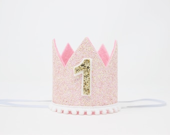 First Birthday Girl Crown | Baby Pink Glitter Crown + White Pom Trim + Pale Gold Glitter Number