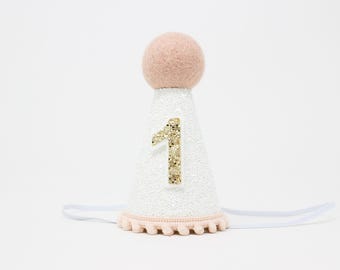 First Birthday Girl Party Hat | White Glitter Hat + Choose Color + Pale Gold Glitter 1