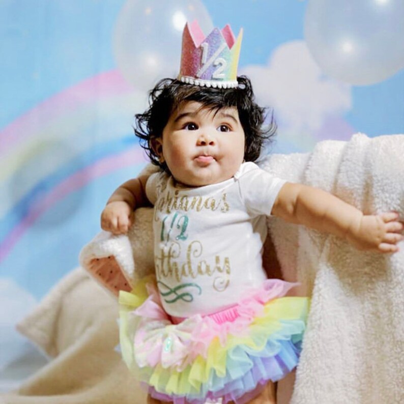 Half Birthday Crown 1/2 Birthday Crown Half Birthday Girl Outfit Baby Birthday Crown Pastel Rainbow Glitter Crown Baby Pink Accent image 7