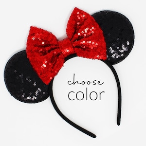 Red Mouse Ears Headband One Size | Kids and Adult Party Mouse Ears | Black Sequin Mouse Ears | Choose Bow Color
