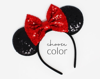 Black Sequin Mouse Ears Headband | Choose Bow Color