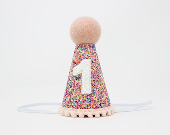 First Birthday Girl Party Hat | Mosaic Glitter Hat + Choose Color + White Glitter Number