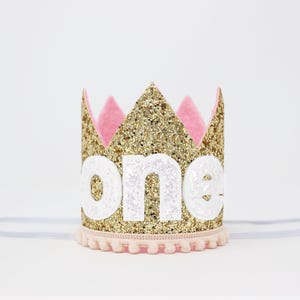 First Birthday Girl Crown | 1st Birthday Girl Hat | Gold Glitter Crown + Baby Pink + White Glitter ONE