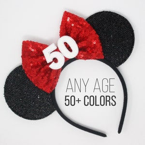 50th Birthday Mouse Headband 50th Birthday Ears 50th Birthday Mouse Ears 50th Birthday Party Ears Choose Age Bow Color image 7