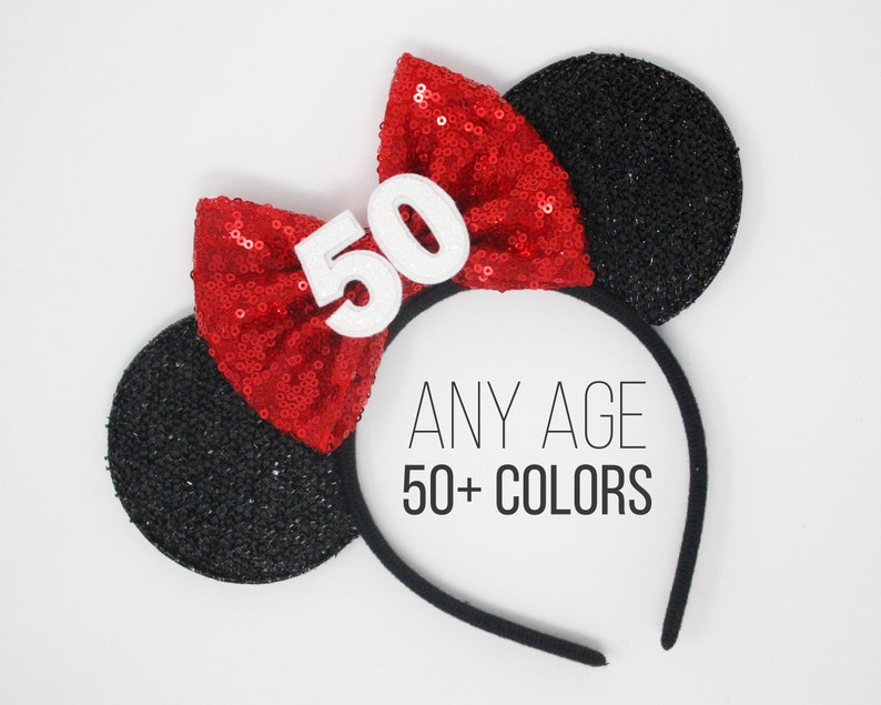 50th Birthday Mouse Headband 50th Birthday Ears 50th Birthday Mouse Ears 50th Birthday Party Ears Choose Age Bow Color image 7