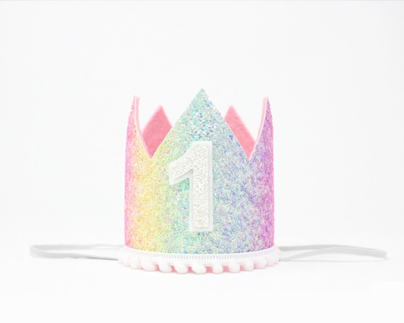First Birthday Girl Crown | Pastel Rainbow Glitter Crown + White Pom Trim + Choose Color Inner Lining + White Glitter Number