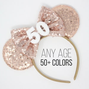 50th Birthday Mouse Ears | 50th Birthday Mouse Ears | 50th Birthday Headband | Park Ears | Rose Gold Mouse Ears | Choose Age + Bow
