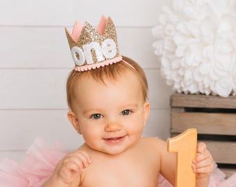 First Birthday Girl Crown | Gold Glitter Crown + Choose Color + White Glitter "one"
