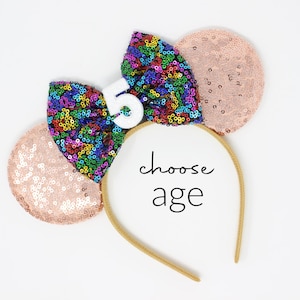5th Birthday Mouse Ears Headband | Kids Rose Gold Mouse Ears | Any Age + Choose Bow Color
