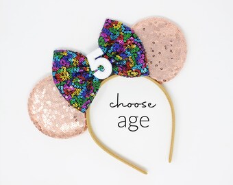 5th Birthday Mouse Ears Headband | Kids Rose Gold Mouse Ears | Any Age + Choose Bow Color