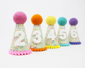 Birthday Girl Party Hat | Tutti Frutti Sprinkles Hat + Choose Color + White Glitter Number