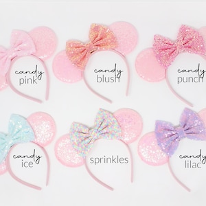 Candy Pink Mouse Ears Headband One Size | Kids and Adult Party Mouse Ears | Pink Sequin Mouse Ears | Choose Bow Color