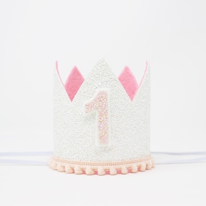 First Birthday Girl Crown | 1st Birthday Cake Smash Crown | Hot Pink Baby Pink | White Glitter Crown + Choose Pink Color