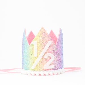 Half Birthday Crown 1/2 Birthday Crown Half Birthday Girl Outfit Baby Birthday Crown Pastel Rainbow Glitter Crown Baby Pink Accent image 1