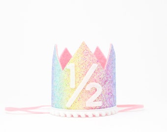 Half Birthday Crown | 1/2 Birthday Crown | Half Birthday Girl Outfit | Baby Birthday Crown | Pastel Rainbow Glitter Crown + Baby Pink Accent