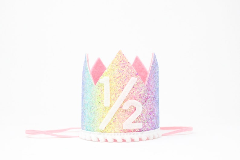 Half Birthday Crown 1/2 Birthday Crown Half Birthday Girl Outfit Baby Birthday Crown Pastel Rainbow Glitter Crown Baby Pink Accent image 1