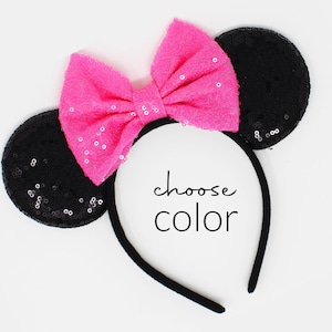 Mouse Ears Headband One Size | Kids and Adult Party Mouse Ears | Black Sequin Mouse Ears | Choose Bow Color