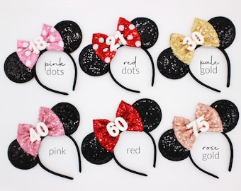 Birthday Mouse Ears Headband | Black Sequin Ears + Choose Bow Color & Age